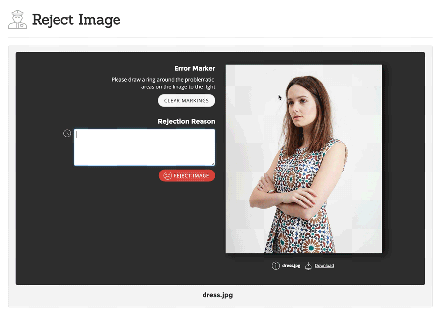 Improve quality with error marking and commenting. Animated screenshot of pixelz product image editing quality assurance system